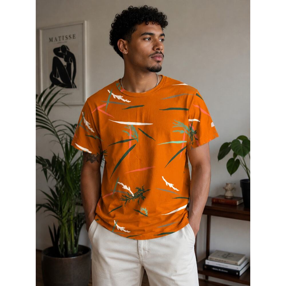 Topo Designs Tropical Palm Print T-Shirt Men's Medium Orange 100% Cotton Tee